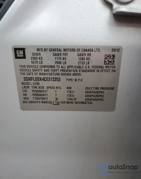 2012 Chevrolet Equinox Lt из США, поврежденный, VIN 2GNFLEEK4C6312253